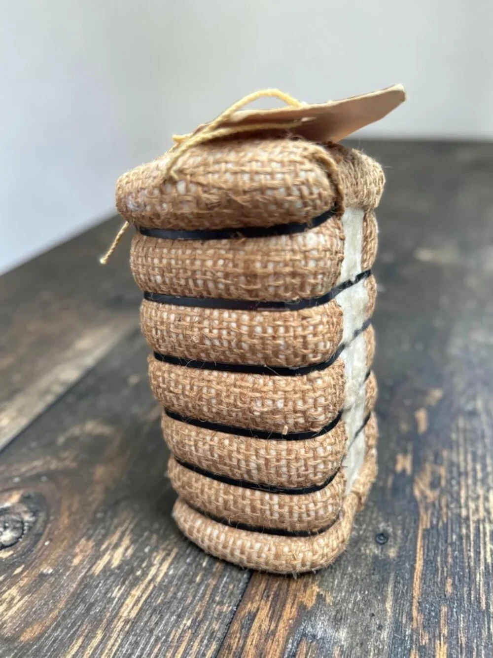 Miniature Cotton Bale Souvenir From North Carolina Burlap Wrapped With Tag